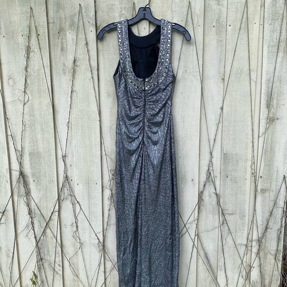 Cache Silver Metallic Beaded Embellished Evening Gown Maxi Dress 0 XS Y2K - Picture 3 of 16